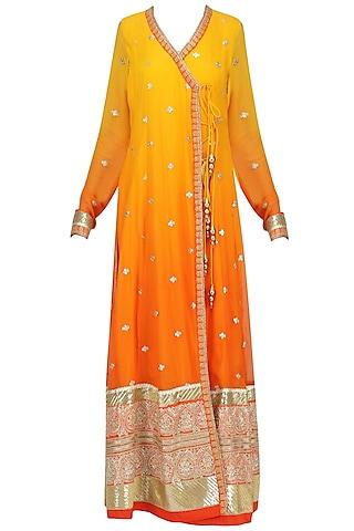 yellow & rust ombre embroidered angrakha anarkali set