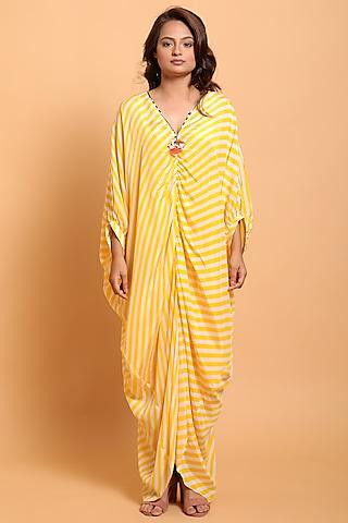 yellow & white crepe sarong kaftan dress