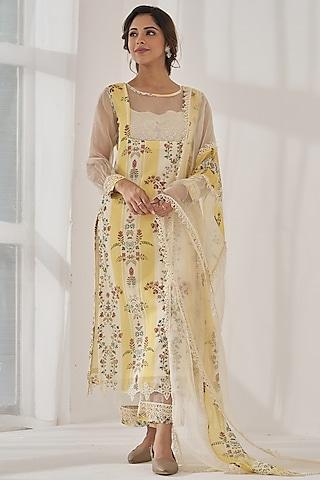 yellow & white fine cotton chanderi printed kurta set