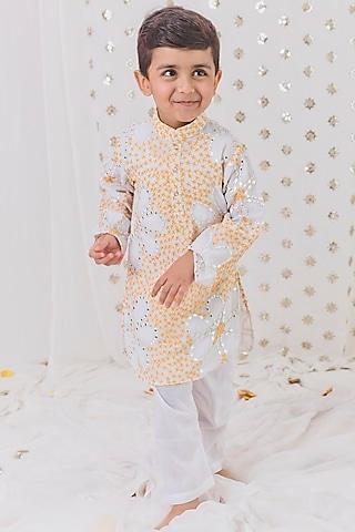 yellow & white georgette hand embroidered kurta set for boys