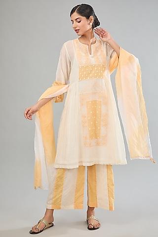 yellow & white mul chanderi machine embroidered kurta set