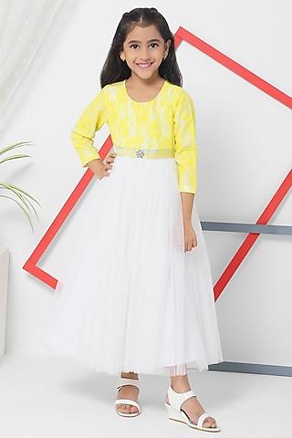 yellow & white net flared gown for girls