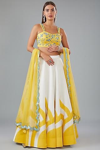 yellow & white satin silk applique hand embroidered lehenga set