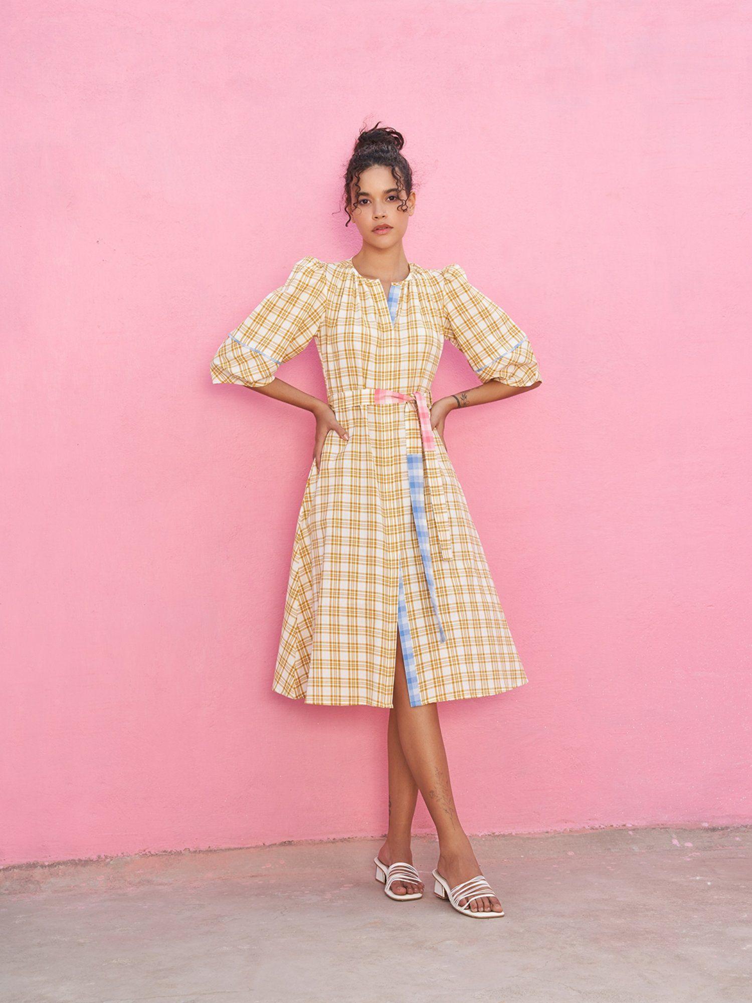 yellow a- line plaid check dress with lantern sleeves