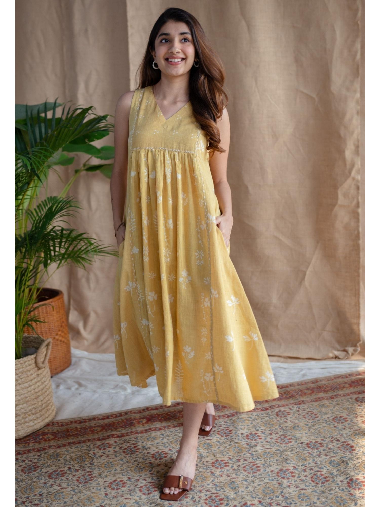 yellow a-line dabu slub cotton hand block print embroidered midi dress