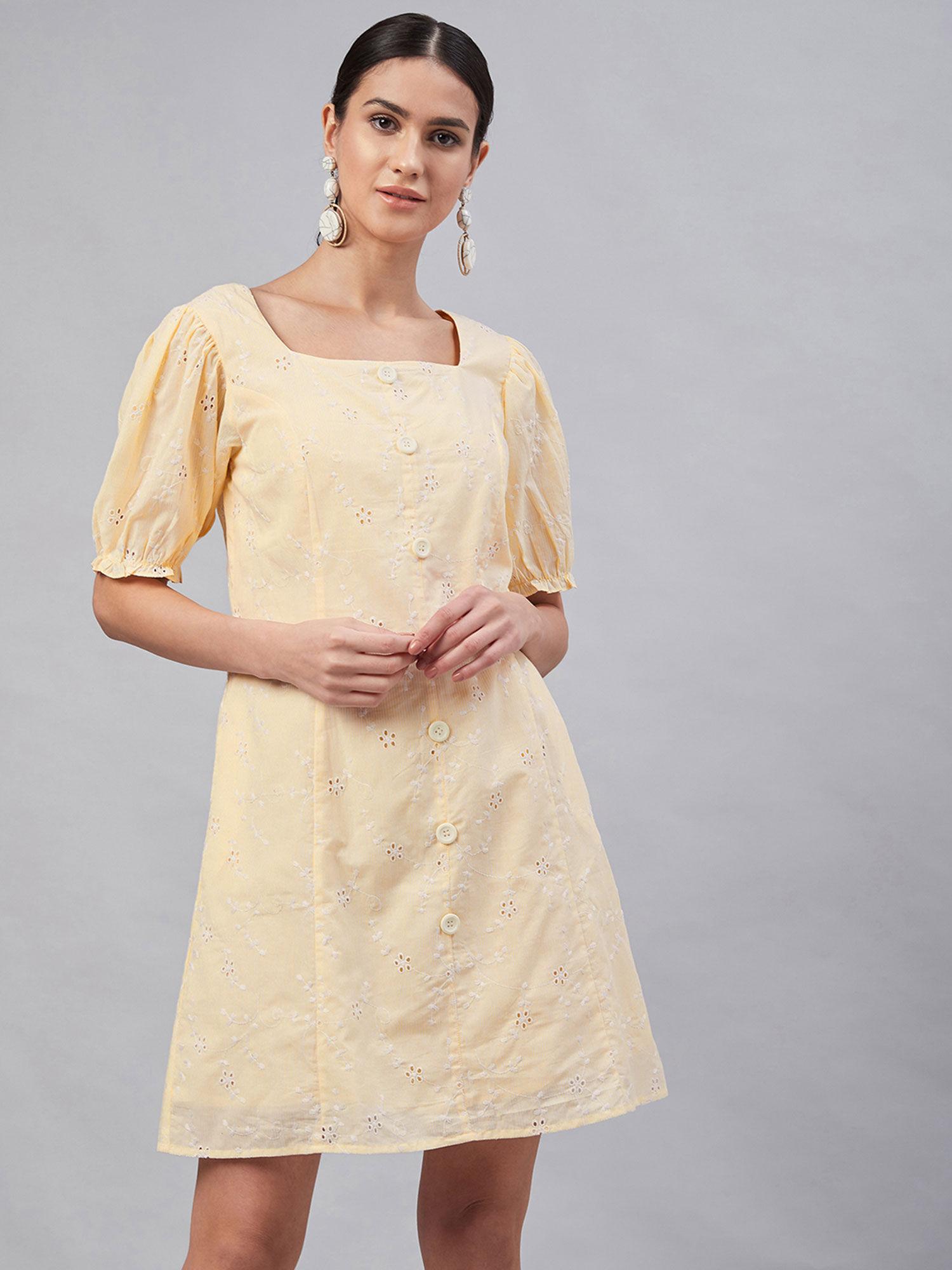 yellow a-line embroidered knee length dress
