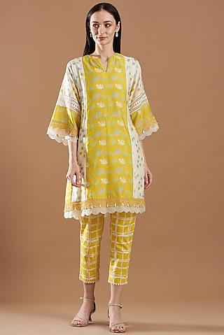 yellow a-line embroidered kurta set