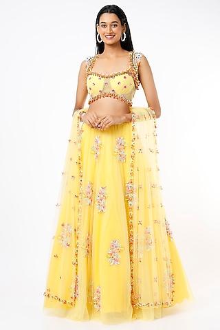 yellow aari embroidered lehenga set