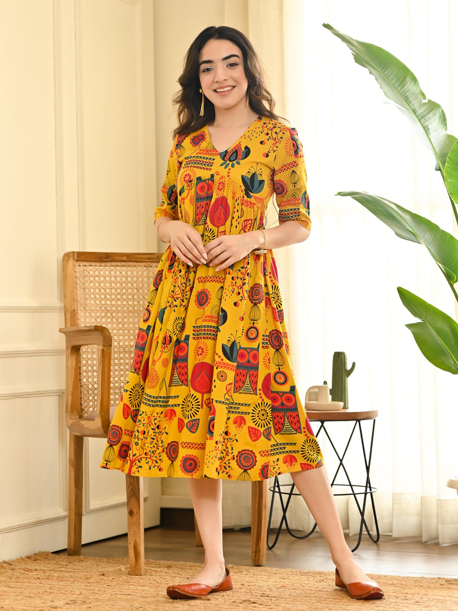 yellow abstract print flared dress