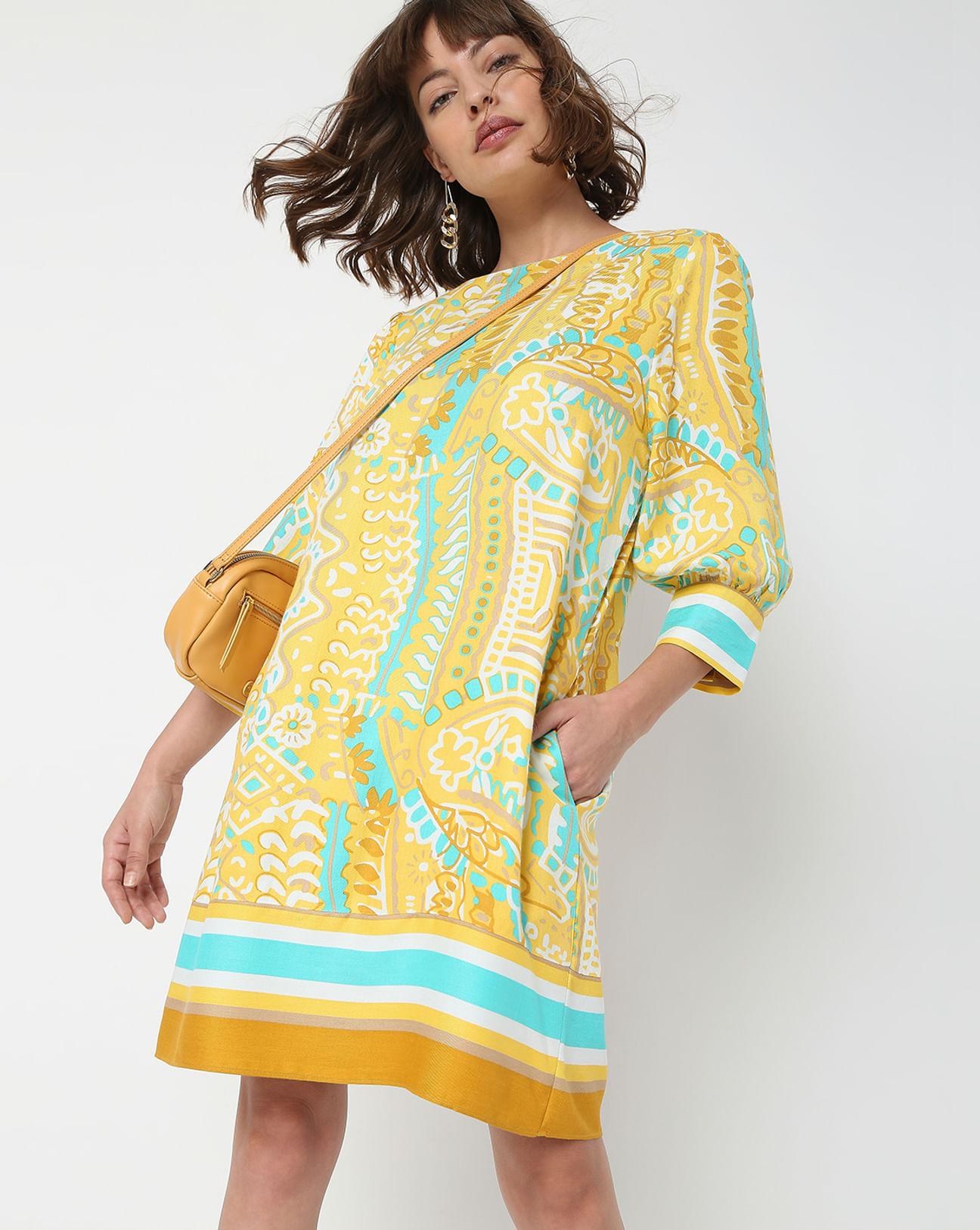 yellow abstract print shift dress