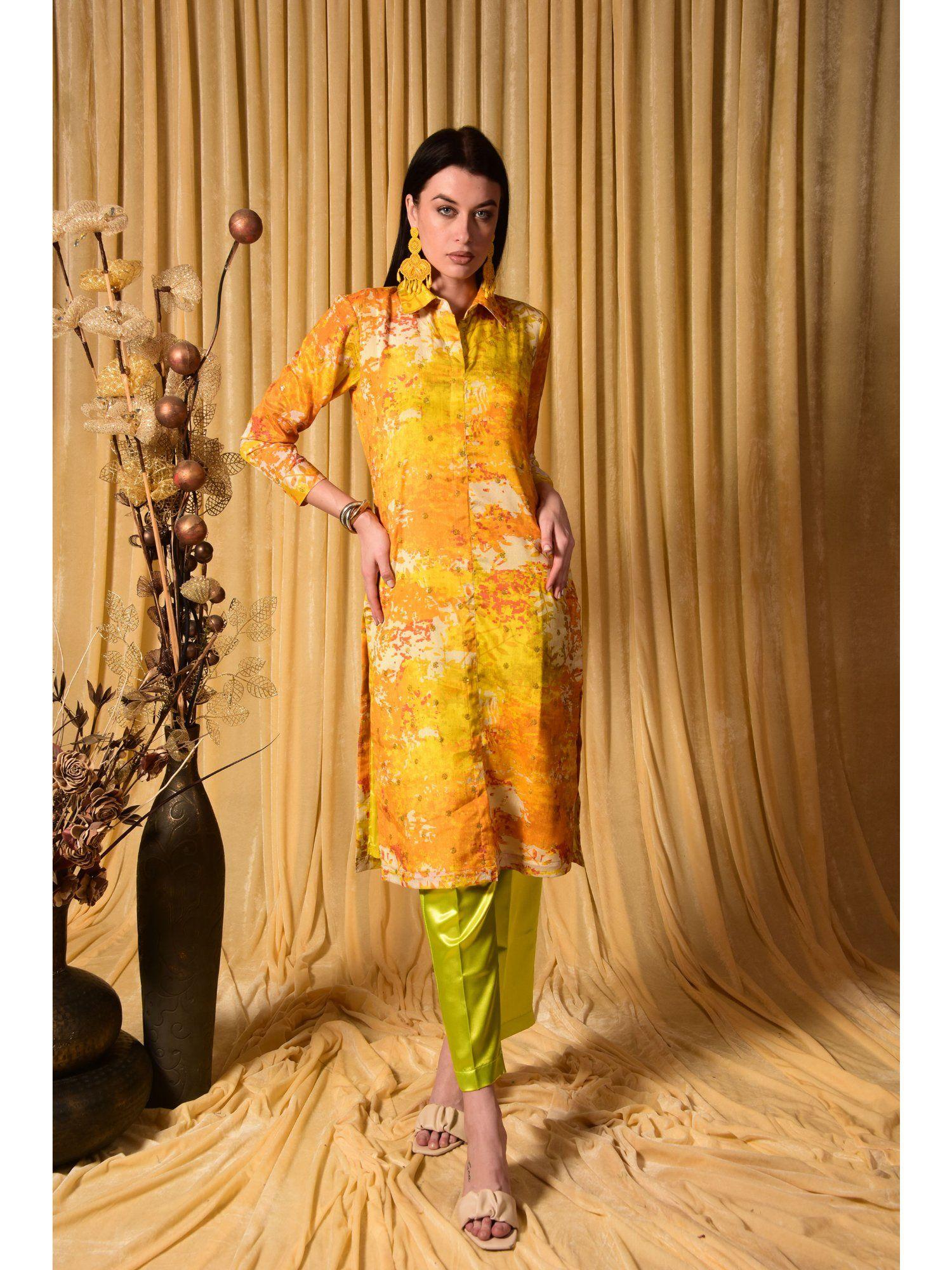 yellow abstract printed kurta with pant (set of 2)