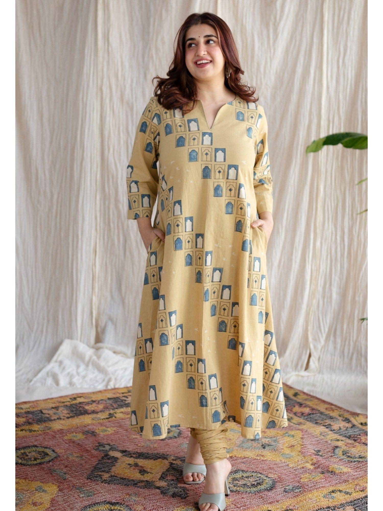 yellow ajrakh kali cotton printed kurta