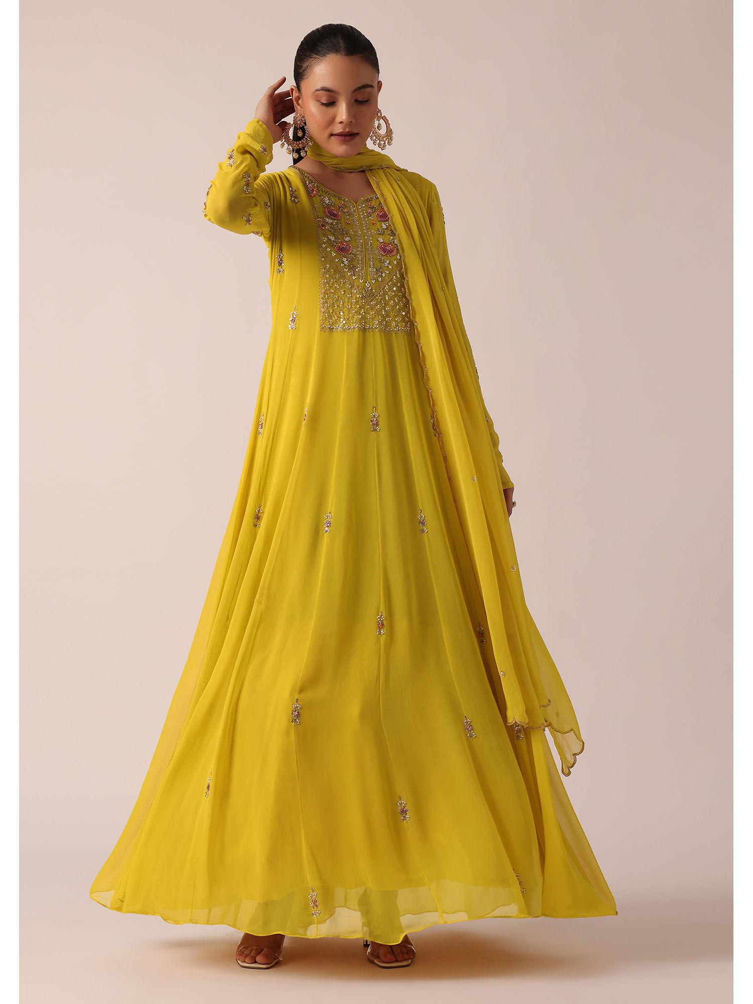 yellow anarkali and churidar with sequin work dupatta (set of 3)