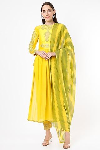 yellow anarkali set with embroidery