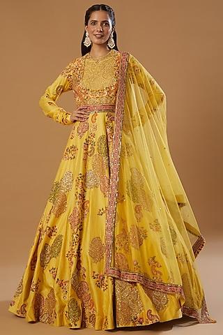 yellow anarkali set with embroidery