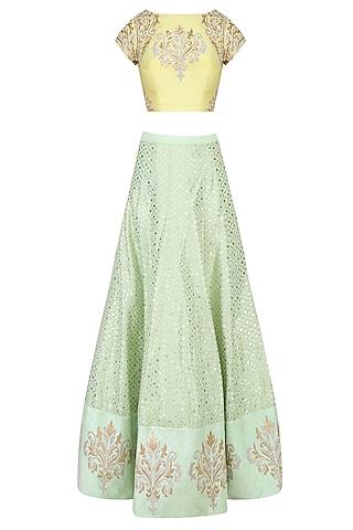 yellow and  mint green embroidered lehenga set