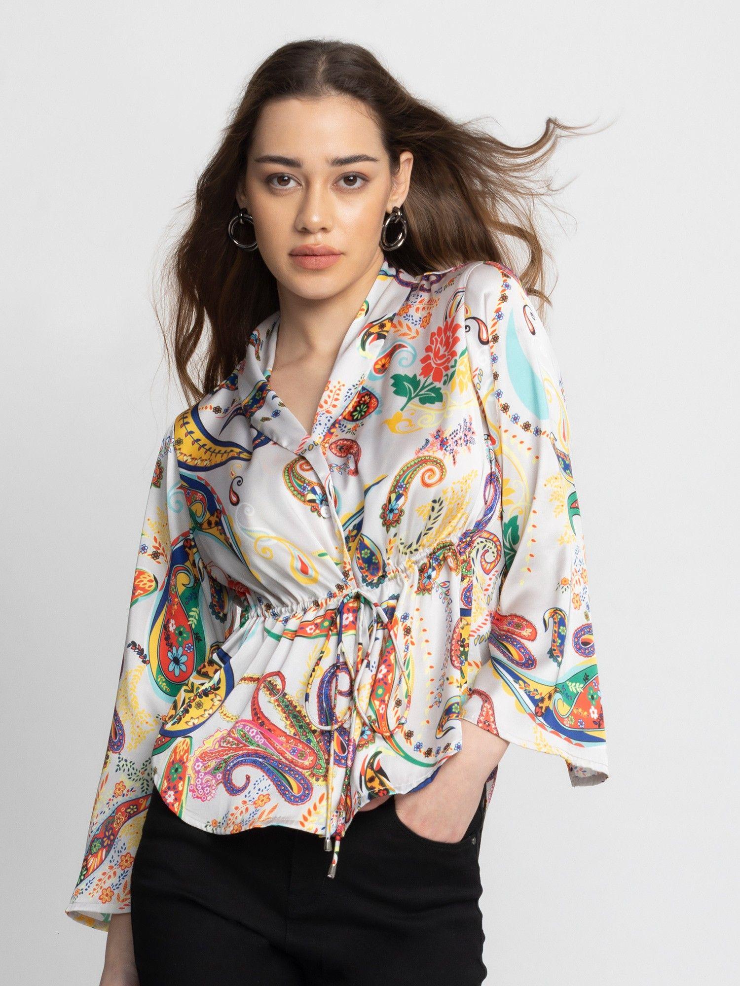 yellow and blue floral printed three-quarter sleeves casual shirt for women