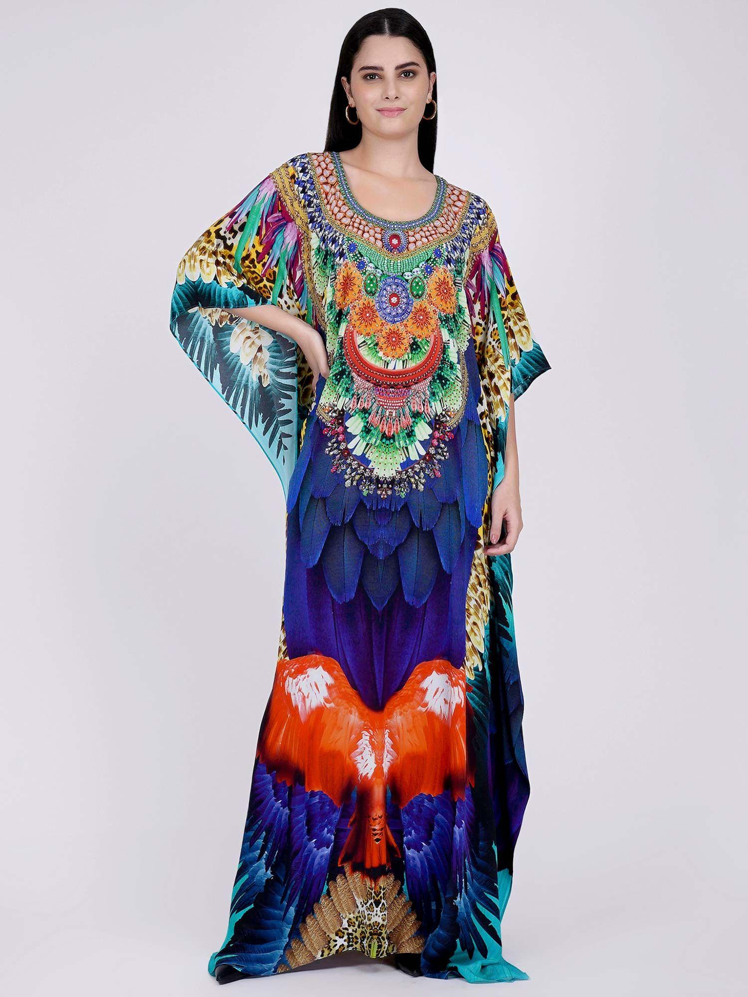 yellow and blue tribal embellished silk full length kaftan