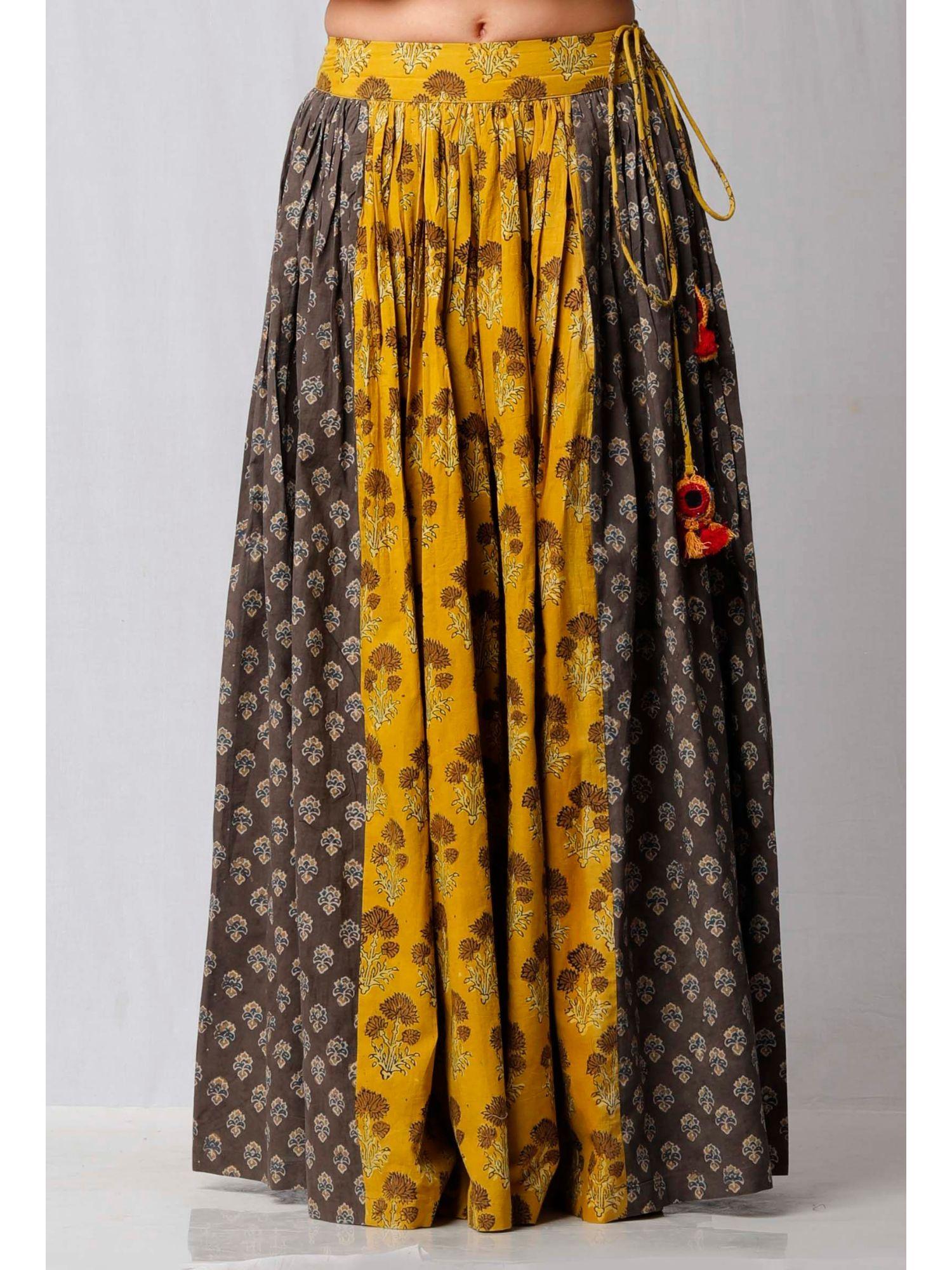 yellow and brown ajrakh printed skirt