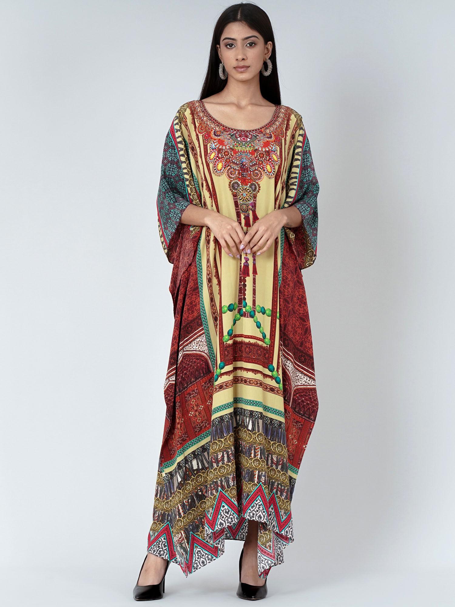 yellow and brown tassel print embellished silk full length kaftan