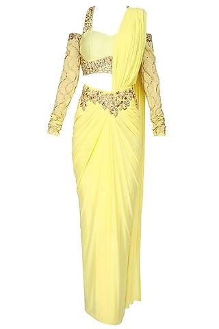 yellow and gold floral embroidered drape saree with drop shoulder blouse