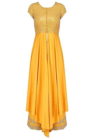 yellow and gold floral gota patti embroidered front slit anarkali set