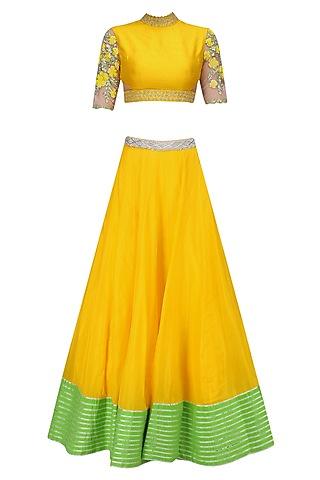 yellow and green floral embroidered blouse and lehenga skirt set