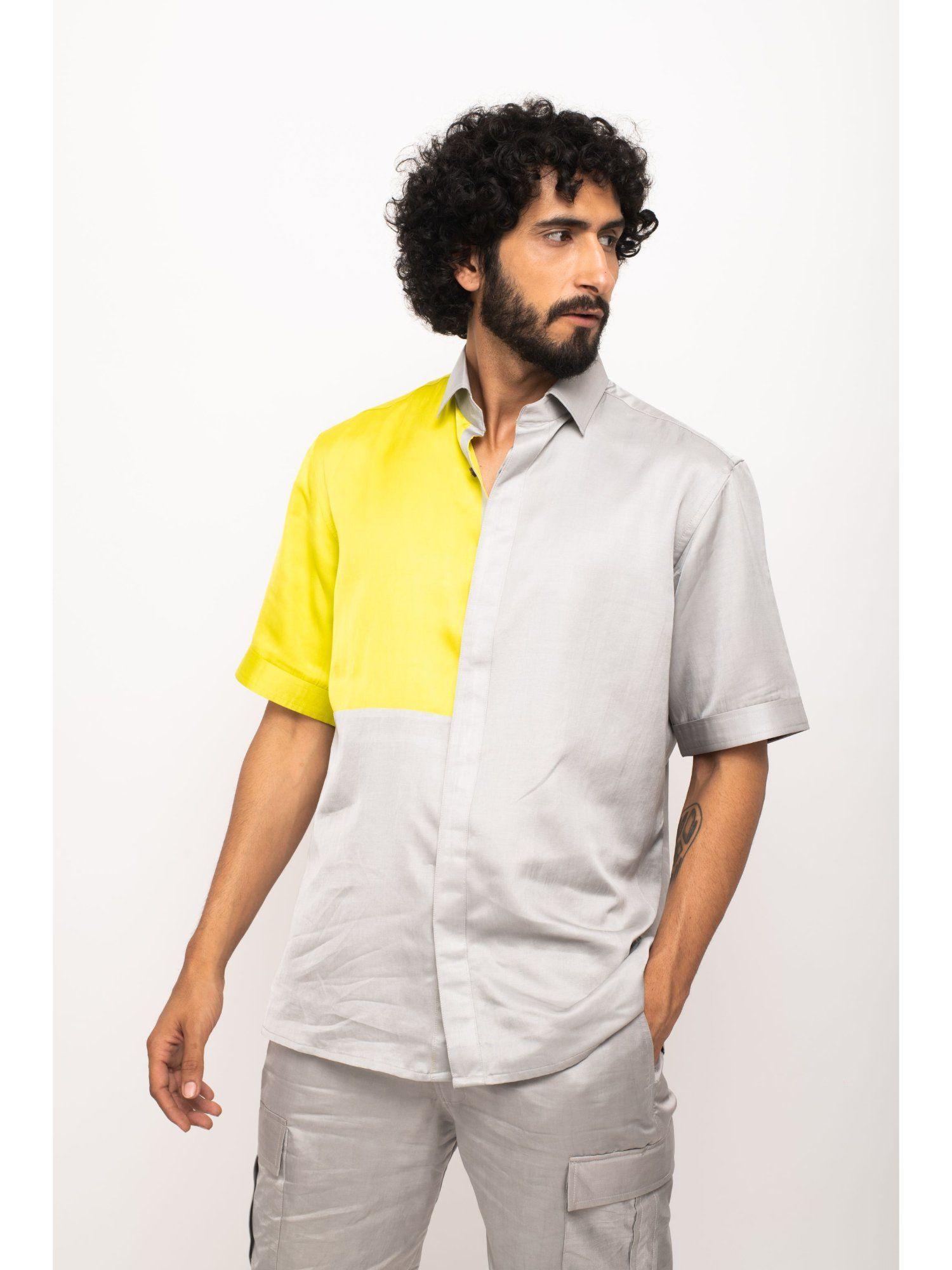 yellow and grey colorblocked shirt