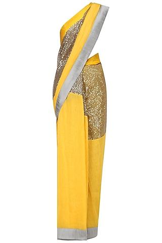 yellow and grey embroidered saree with an unstitched blouse