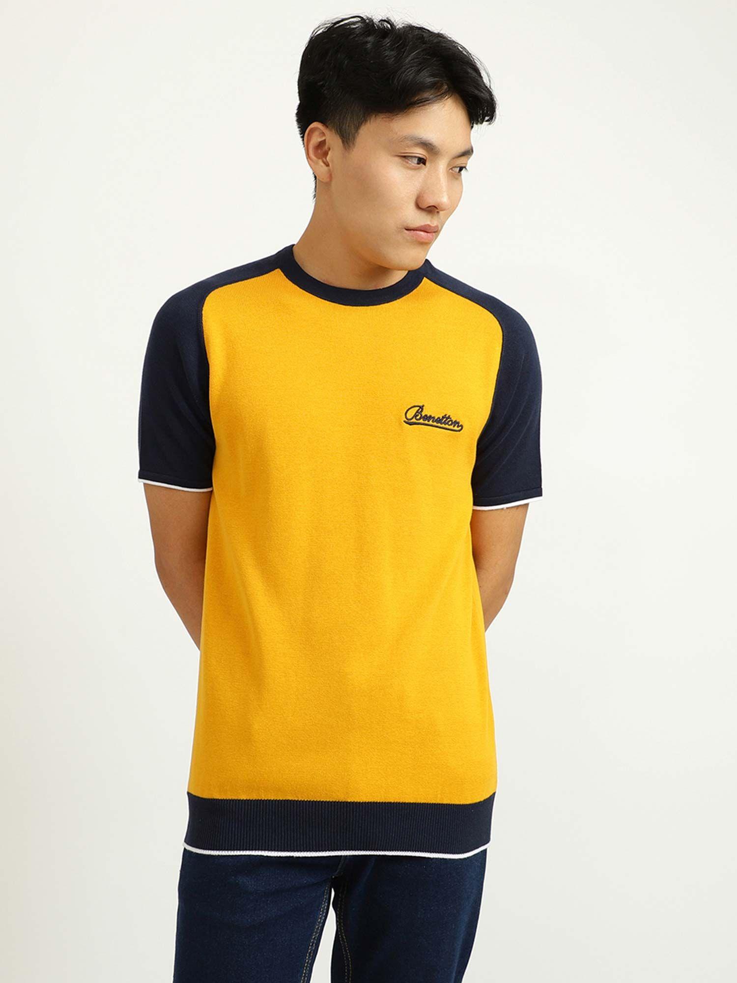 yellow and navy blue t-shirt