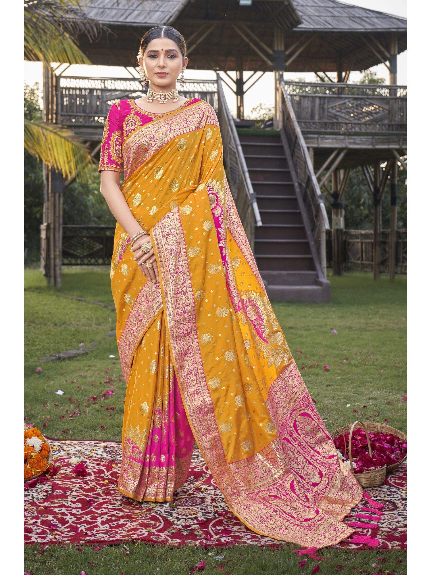 yellow and pink banarasi silk woven design saree with unstitched blouse