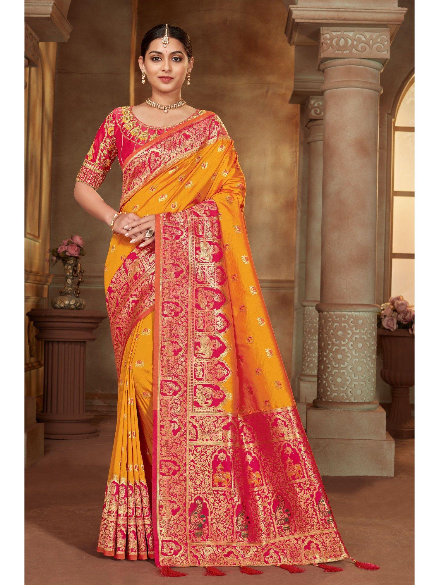 yellow and pink banarasi silk woven tassels saree with unstitched blouse