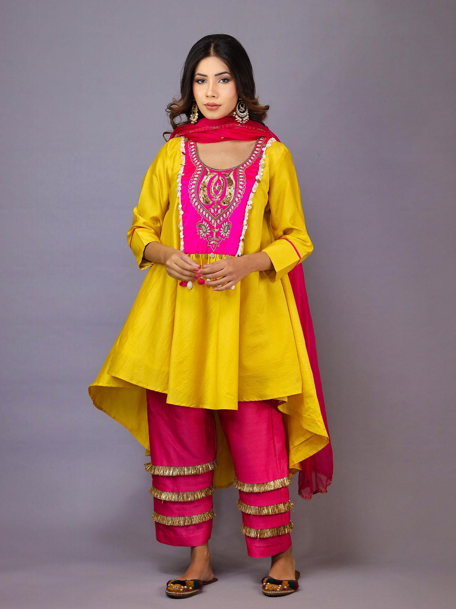 yellow and pink chanderi silk kurta with pant and dupatta (set of 3)
