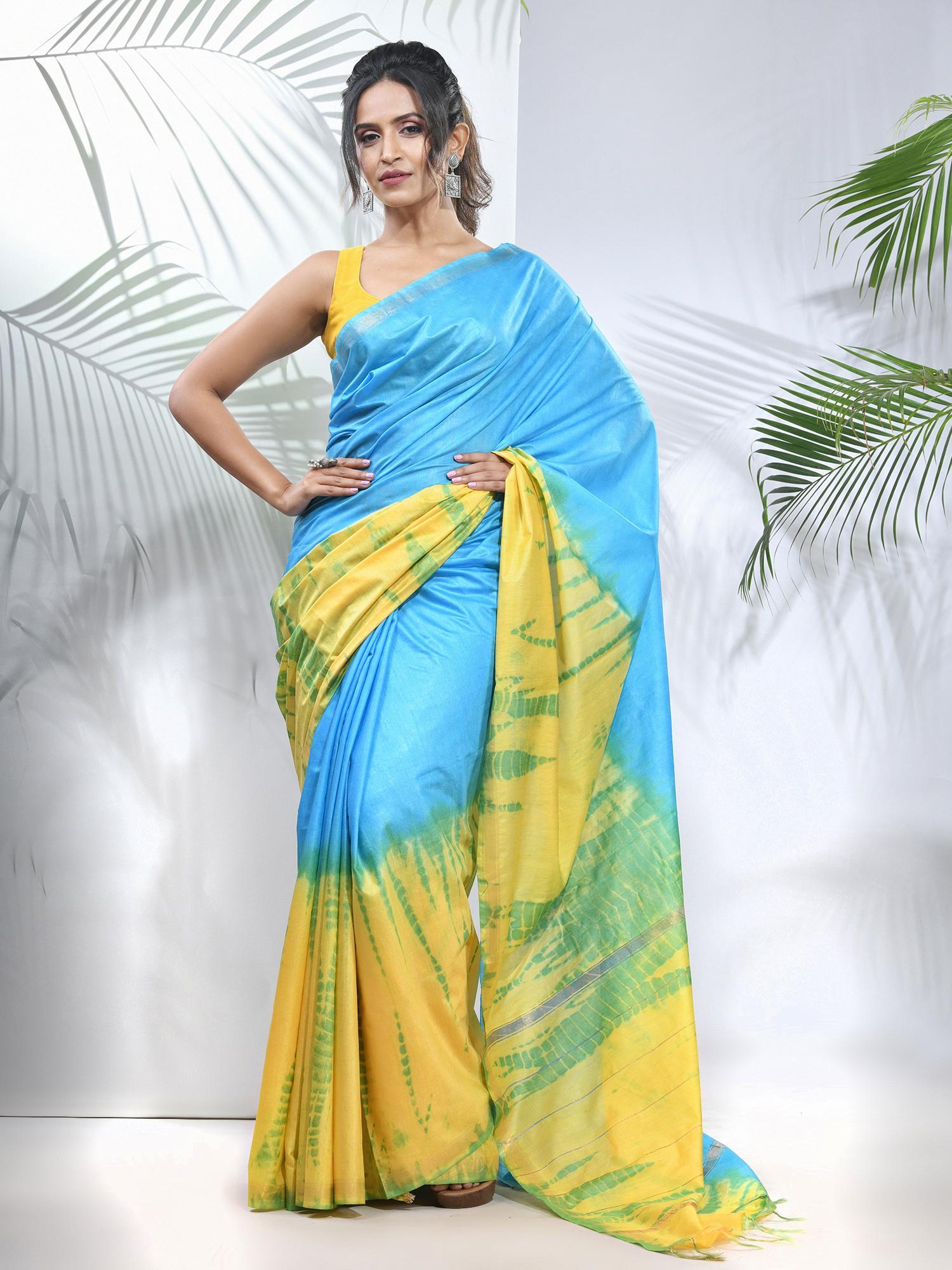 yellow and sky blue shibori printed silk saree with unstitched blouse