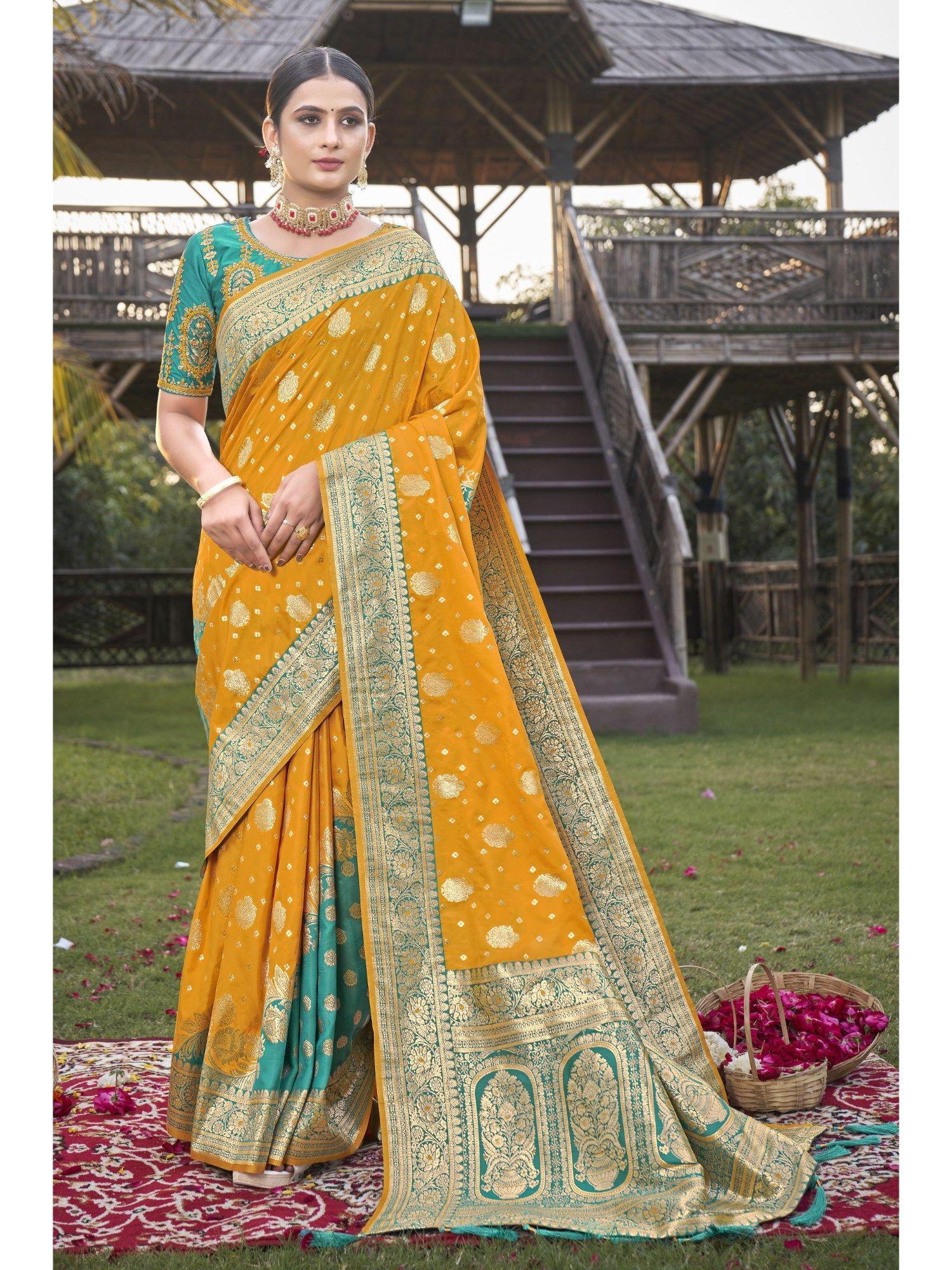 yellow and teal banarasi silk woven design saree with unstitched blouse