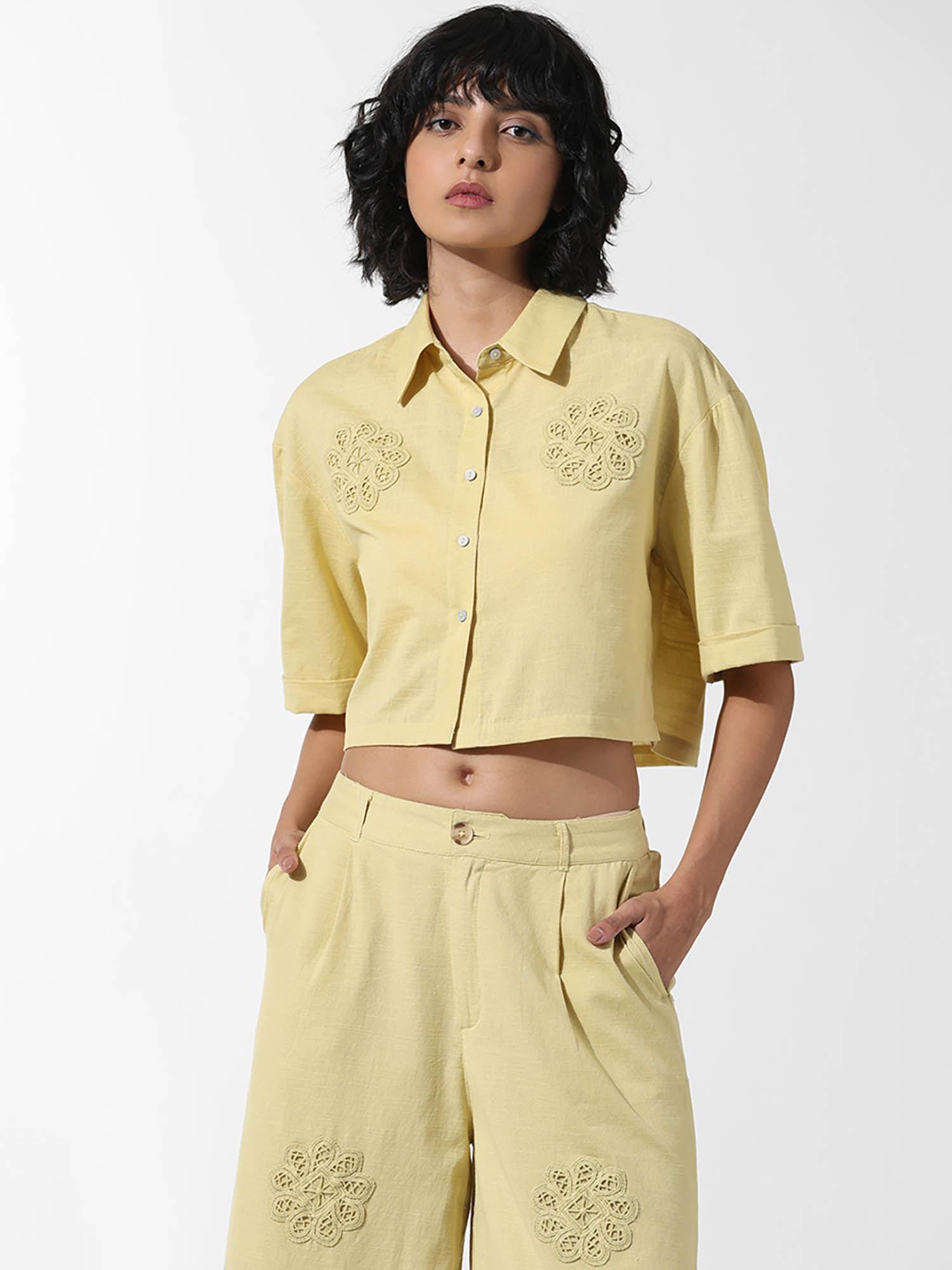 yellow applique detail crop shirt