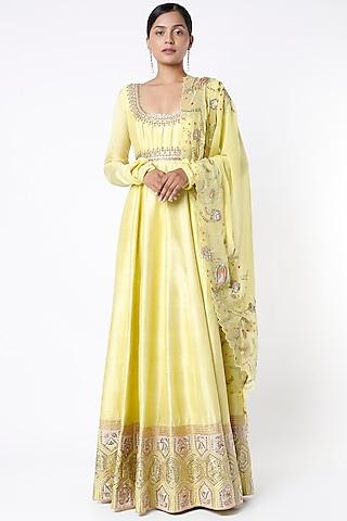 yellow applique embroidered anarkali set