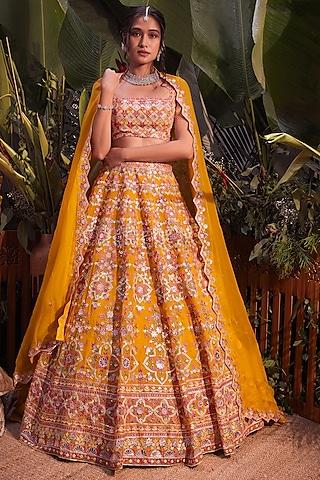 yellow applique embroidered lehenga set