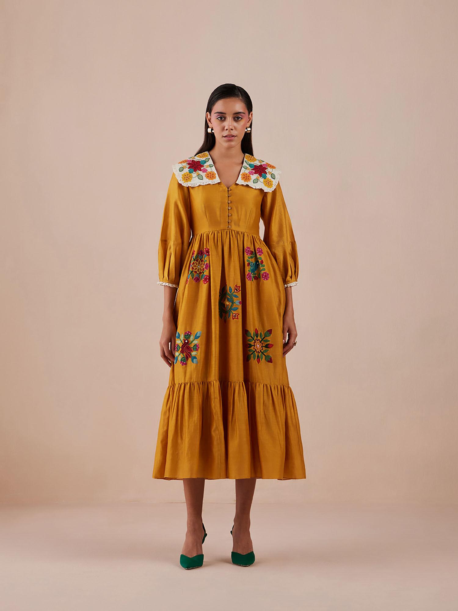 yellow applique midi dress