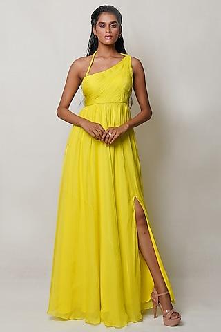 yellow art flat chiffon one-shoulder gown