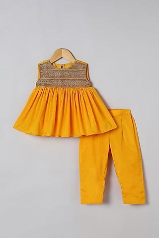 yellow art silk embellished pant set for girls