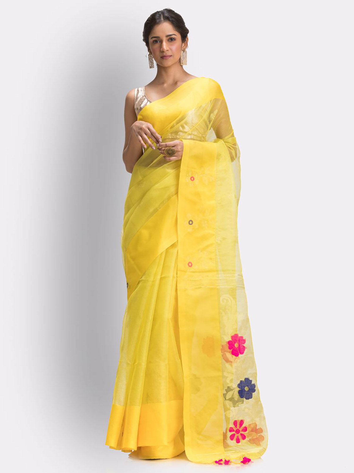 yellow art silk muslin handloom jamdani saree with unstitched blouse