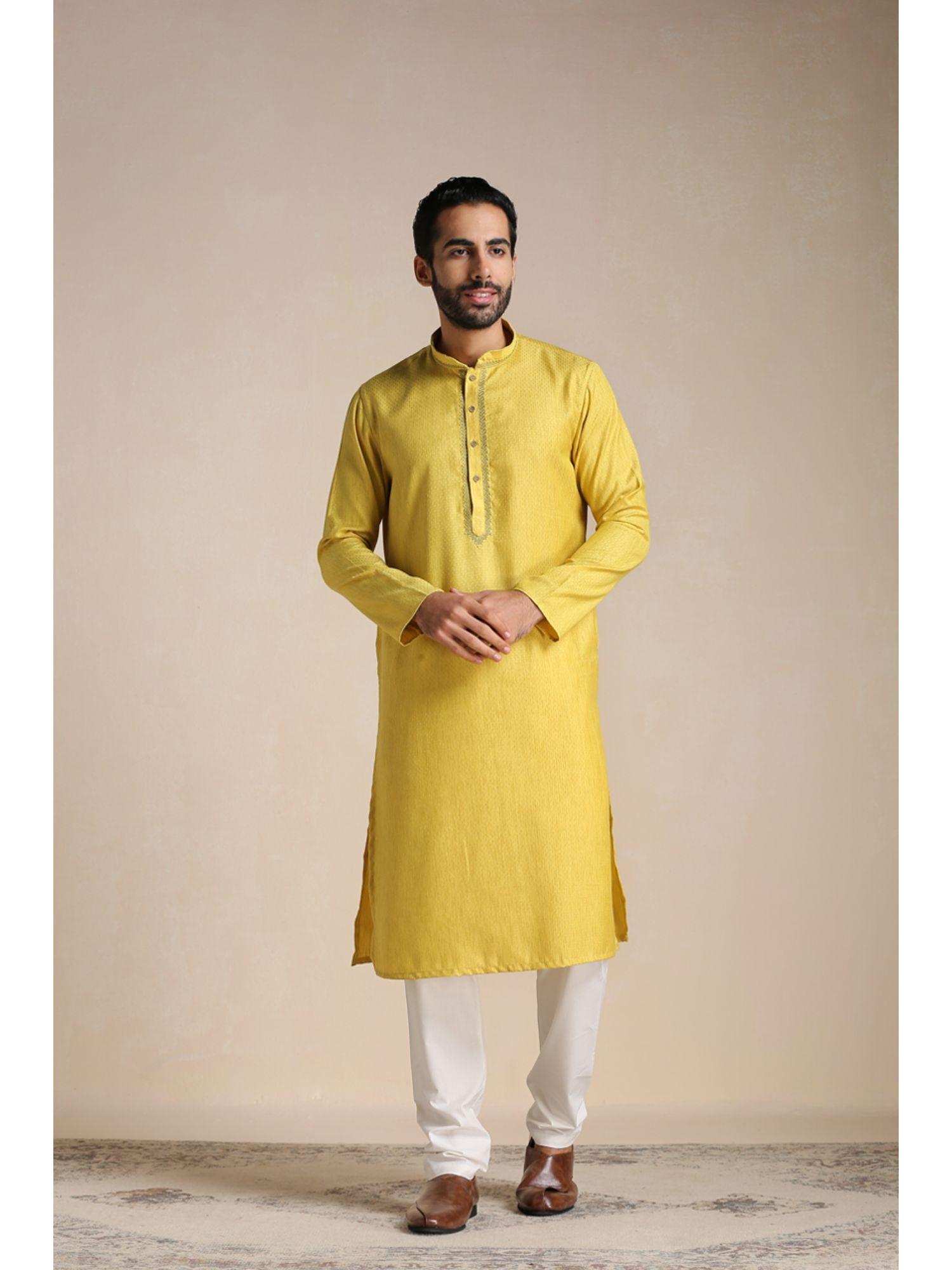 yellow art silk solid kurta with pencil pajama (set of 2)