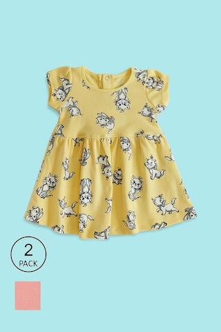 yellow assorted round neck casual knee length half sleeves baby regular fit dress