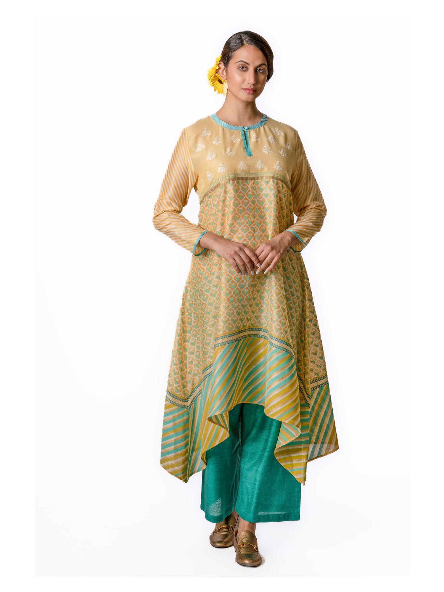 yellow asymmetric chanderi tunic