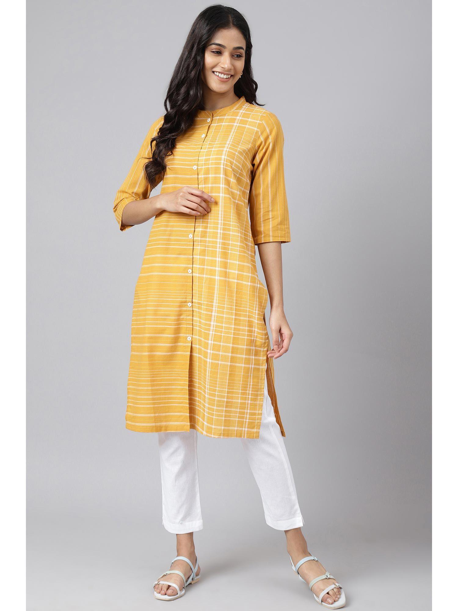 yellow asymmetric placement kurta