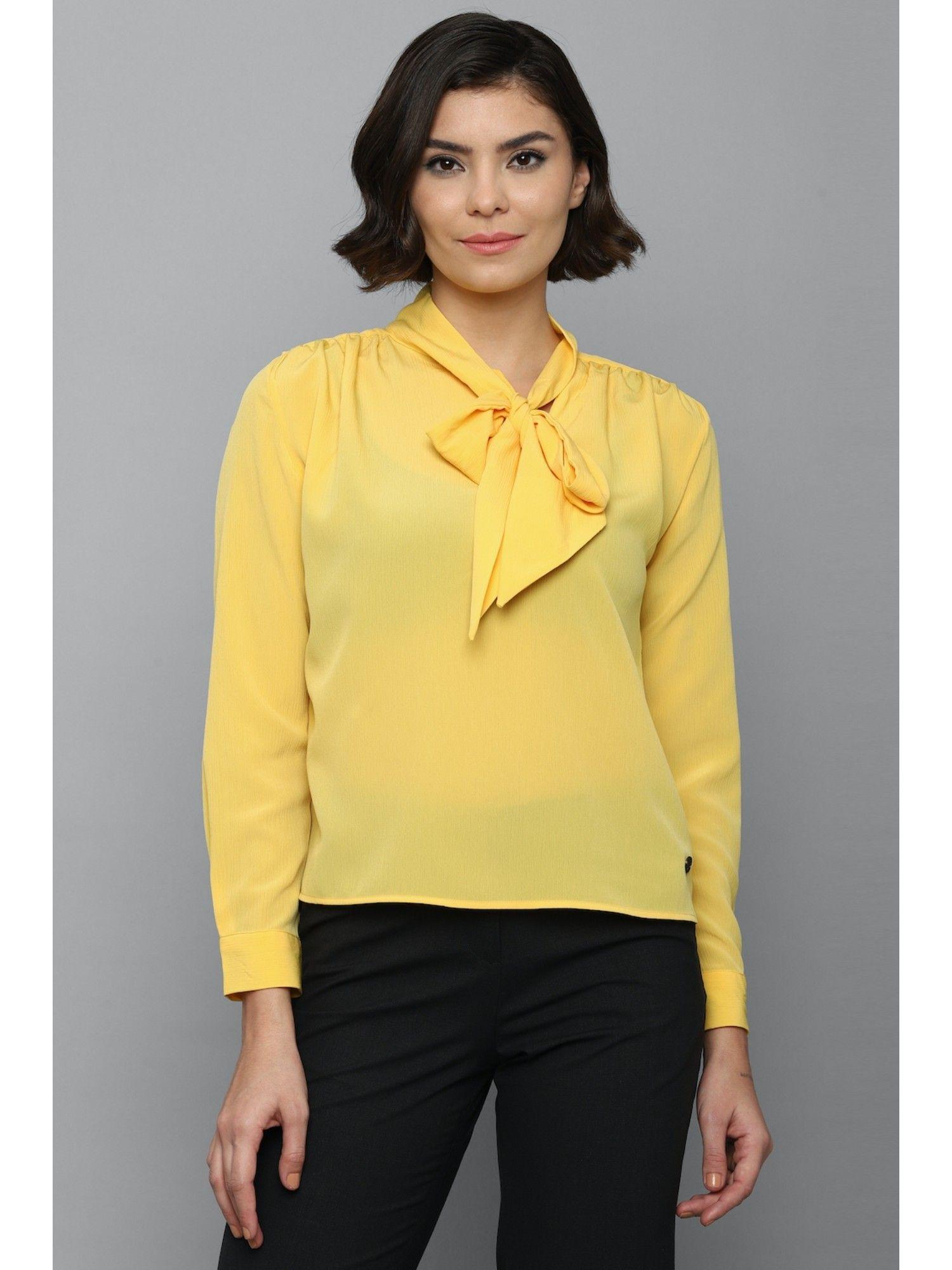 yellow asymmetrical neck solid-plain tops