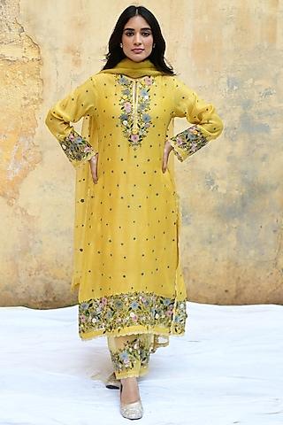 yellow banarasi silk embroidered kurta set