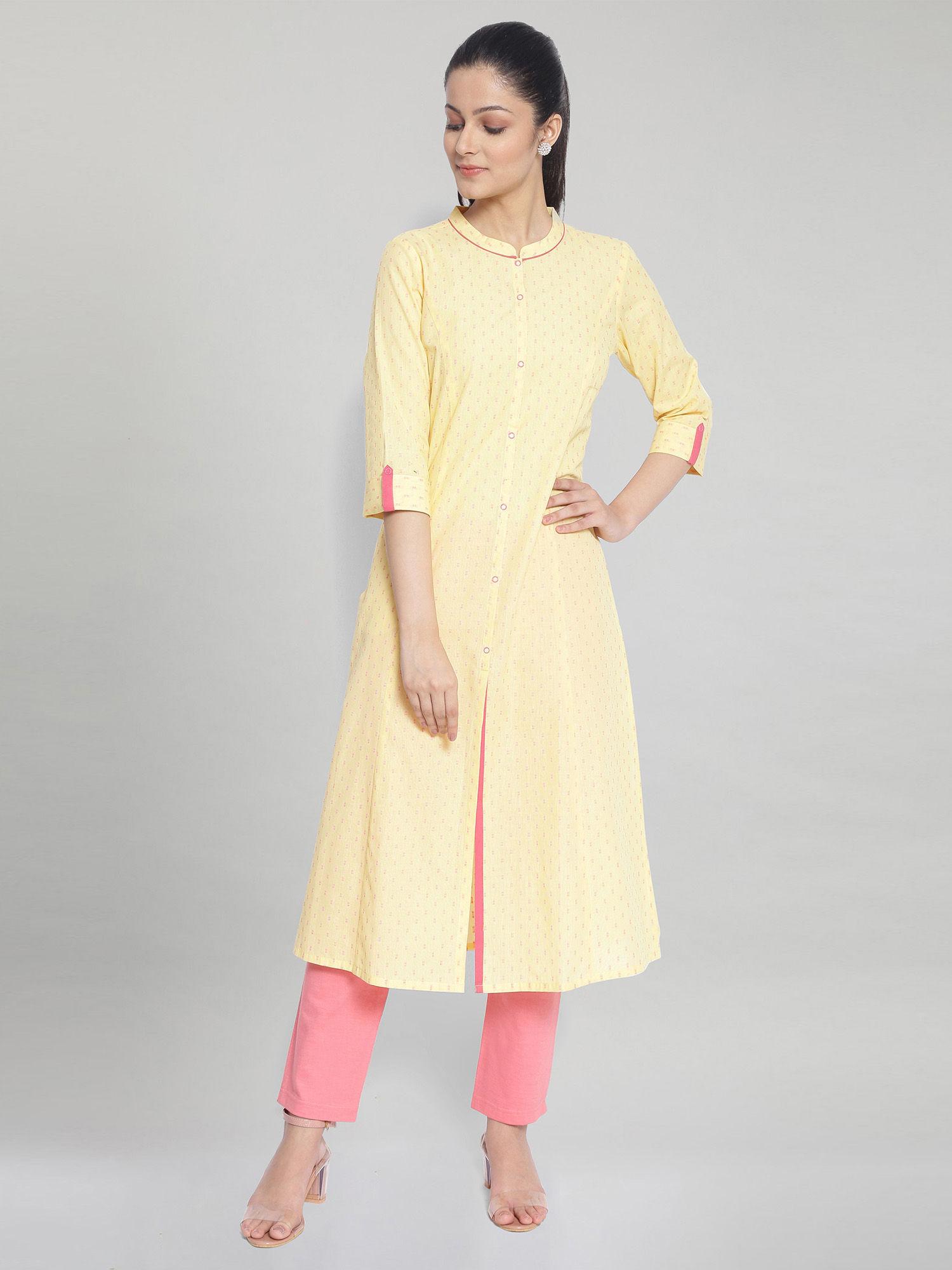 yellow band collar printed kurta