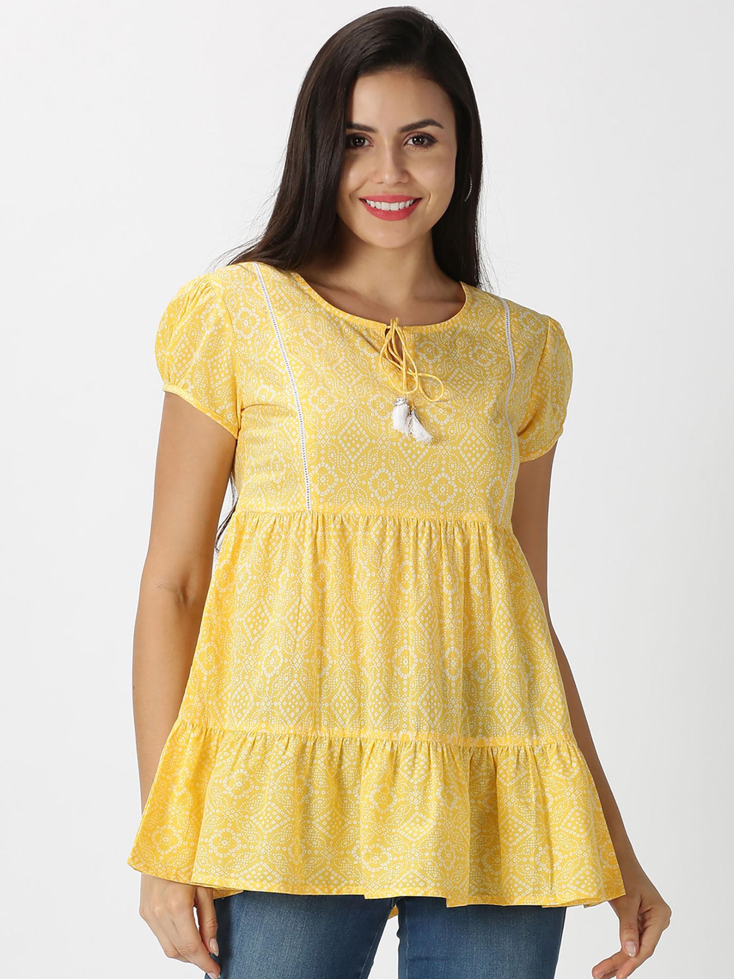 yellow bandhan printed tiered top with lace inserts